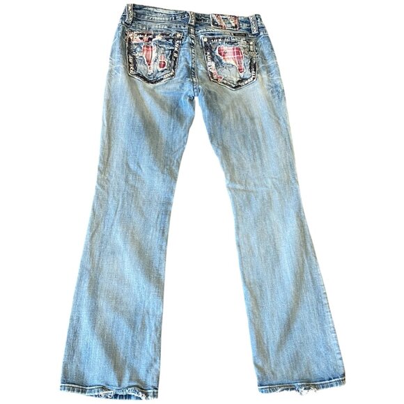Miss Me Signature Bootcut Jeans Distressed Patchwork-Plaid Pocket Sz 32 #178H - Picture 3 of 14